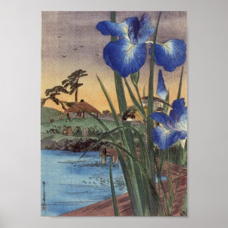 Japanse  ukio-e-blauwe iris en vogelscène poster
