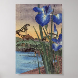 Japanse ukio-e-blauwe iris en vogelscène poster