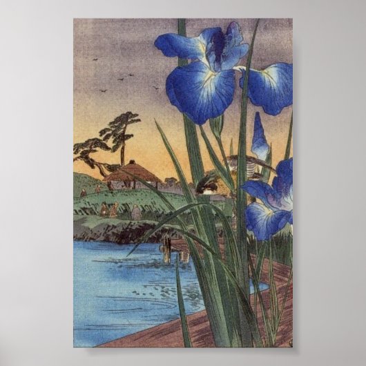 Japanse ukio-e-blauwe iris en vogelscène poster (Voorkant)