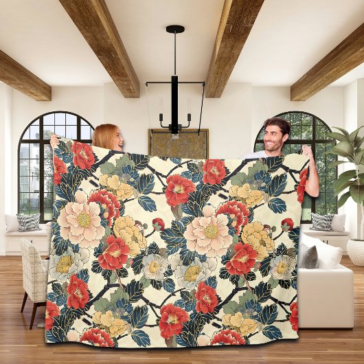Japanse Ukiyo-E Art Bloemenpatroon Fleece Deken