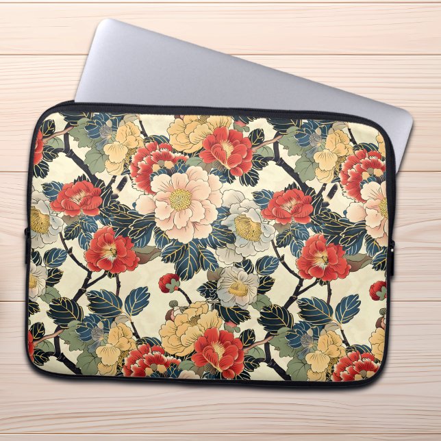 Japanse Ukiyo-E Art Bloemenpatroon Laptop Sleeve (Creator heeft geüpload)