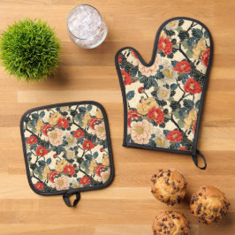 Japanse Ukiyo-E Art Bloemenpatroon Ovenwant & Pannenlap Set