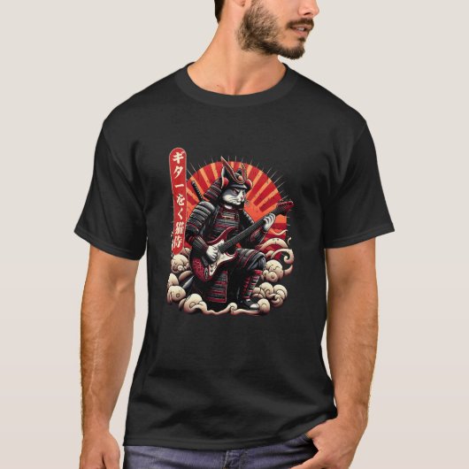 Japanse Ukiyo-E Samurai Kat Speelt op de Elektrisc T-shirt (Voorkant)