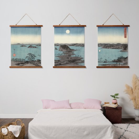 Japanse ukiyo e Triptych van Kanazawa in Moonlight Hangend Wandkleed (Slaapkamer)
