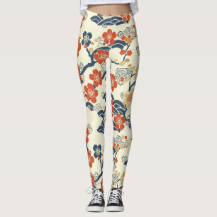 Japanse Ume-kersenbloesems Navy Golfpatroon Crème Leggings