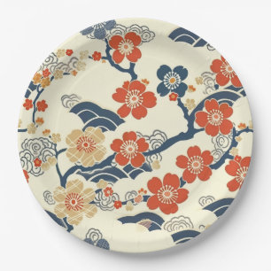 Japanse Ume-kersenbloesems Navy Golfpatroon Crème Papieren Bordje