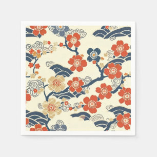 Japanse Ume-kersenbloesems Navy Golfpatroon Crème Servet