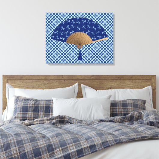 Japanse ventilator, Dragonfly Pattern, kobalt Blue Canvas Afdruk (Insitu (Slaapkamer))