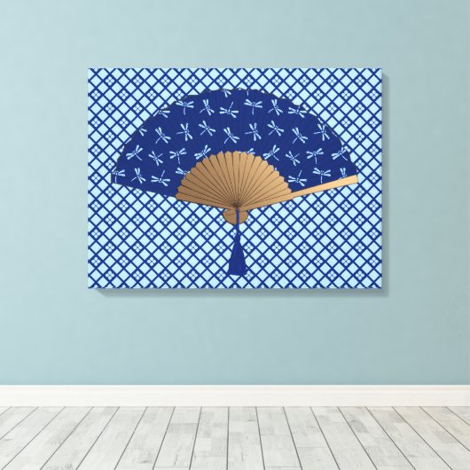 Japanse ventilator, Dragonfly Pattern, kobalt Blue Canvas Afdruk (Insitu (Houten vloer))