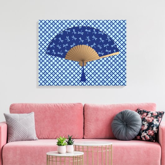 Japanse ventilator, Dragonfly Pattern, kobalt Blue Canvas Afdruk (Insitu (Woonkamer))