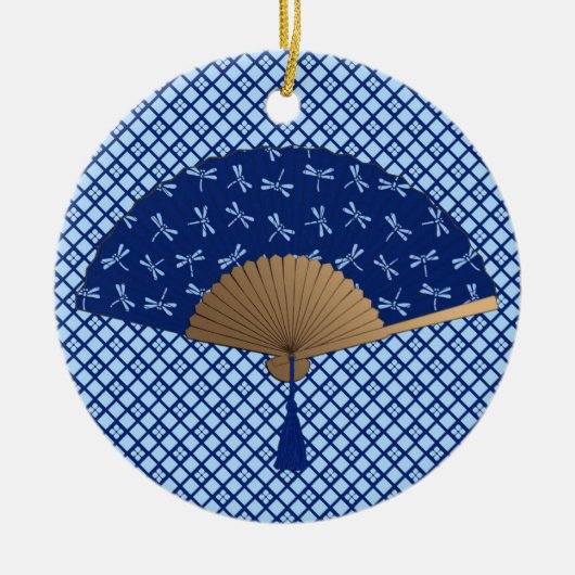 Japanse ventilator, Dragonfly Pattern, kobalt Blue Keramisch Ornament (Voorkant)