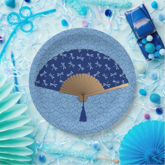 Japanse ventilator, Dragonfly Pattern, kobalt Blue Papieren Bordje (Feest)