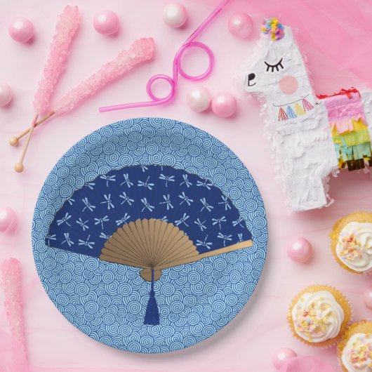 Japanse ventilator, Dragonfly Pattern, kobalt Blue Papieren Bordje (Feest)