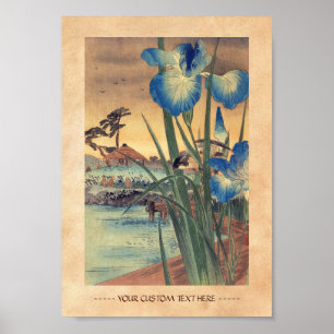 Japanse vintage ukiyo-e blauwe iris en vogel scène poster