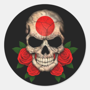 Japanse vlaggenschedel met rode rozen ronde sticker