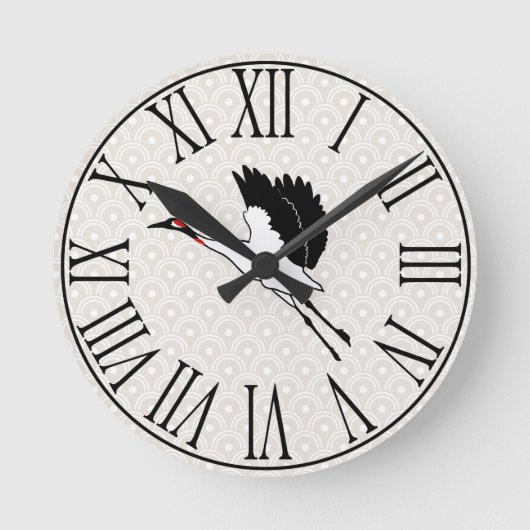 Japanse vliegende kraan en taupe scallops ronde klok (Voorkant)