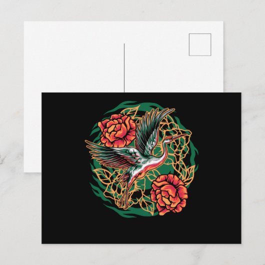 Japanse vliegende kranen met ontwerp van Rozen Briefkaart (Voorkant / Achterkant)