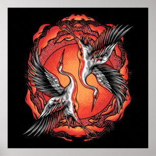 Japanse vliegende strijd kraanvogels Aziatische ku Poster