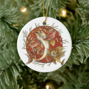 Japanse Vliegende Vis en Bamboe Bladeren Vintage K Keramisch Ornament