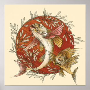  Japanse vliegende vis met bamboe-bladeren Poster