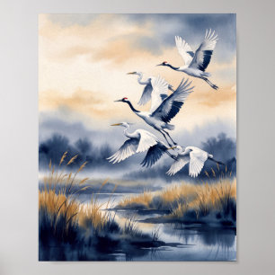 Japanse vliegende witte reigers Houtblokdruk Poster