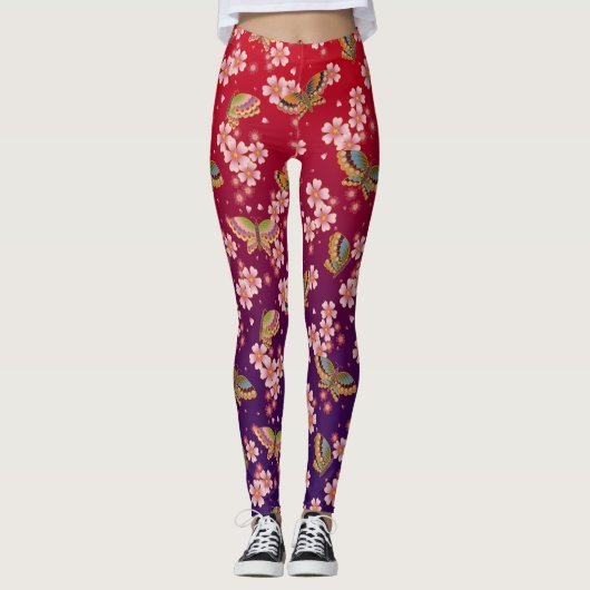 Japanse vlinders te midden van Sakura douche rood Leggings (Voorkant)