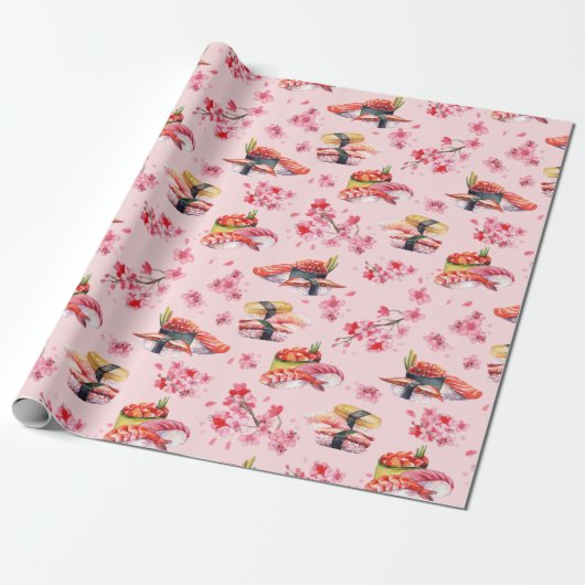 Japanse voedselsushi en bloeiende sakura cadeaupapier (Uitgerold)