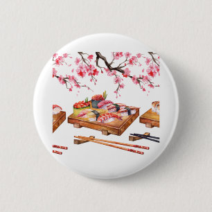Japanse voedselsushi en bloeiende sakura ronde button 5,7 cm