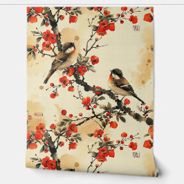 Japanse vogel en bloemen behang