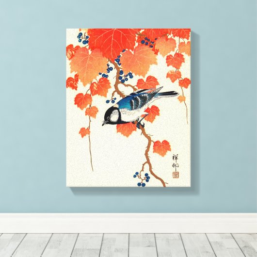 Japanse vogel en herfst Grapevine Canvas Afdruk (Insitu (Houten vloer))
