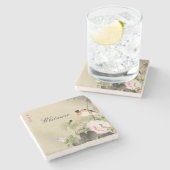 Japanse vogel en roze bloesems  printsteen stenen onderzetter (Zijkant)