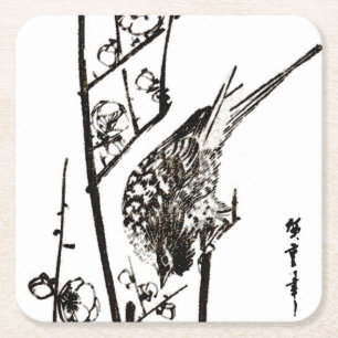 Japanse vogel op een filiaal - zwart en wit kartonnen onderzetters