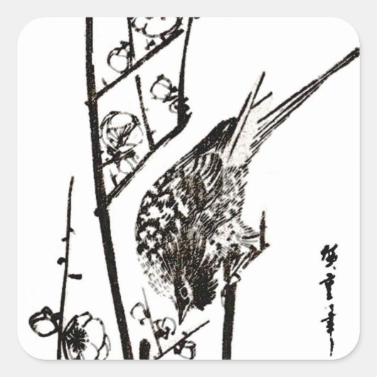 Japanse vogel op een filiaal - zwart en wit vierkante sticker (Voorkant)