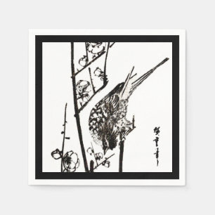 Japanse vogel op een tak - Zwart en Wit Servetten