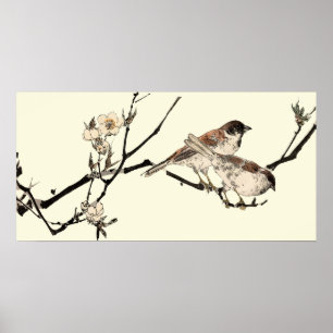 Japanse vogels en Cherry Blossom Poster