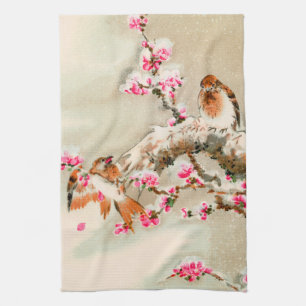 japanse vogels op een tak theedoek