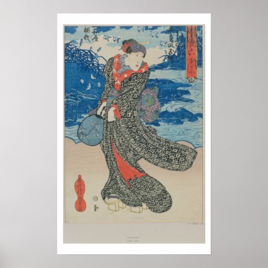 Japanse vrouw door het zee (kleurenhoutblokafdruk) poster (Voorkant)