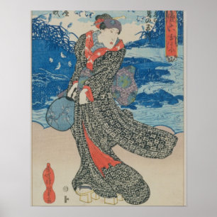 Japanse vrouw door het zee (kleurenhoutblokafdruk) poster