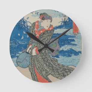 Japanse vrouw door het zee (kleurenhoutblokafdruk) ronde klok