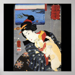 Japanse Vrouw en een Kat, c. Japan van 1800 Poster