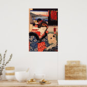 Japanse vrouw en kat lezen het papier poster (Keuken)