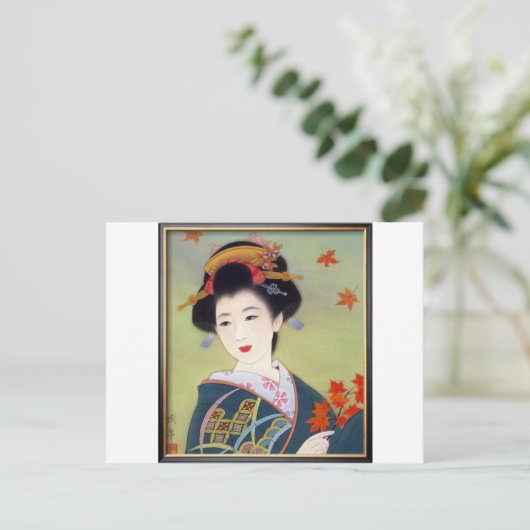 Japanse vrouw in blauwe kimono briefkaart (Staand voorkant)