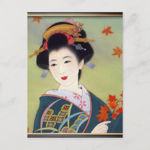 Japanse vrouw in blauwe kimono briefkaart