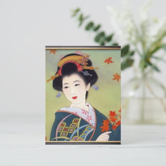 Japanse vrouw in blauwe kimono briefkaart (Staand voorkant)