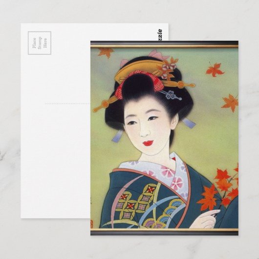 Japanse vrouw in blauwe kimono briefkaart (Voorkant / Achterkant)