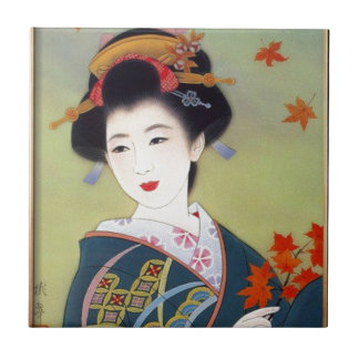 Japanse vrouw in blauwe kimono tegeltje