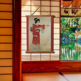 Japanse vrouw in de rode kimono Hangend Wandkleed