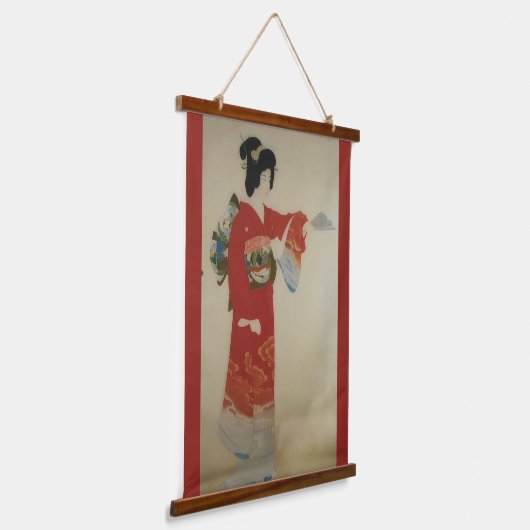 Japanse vrouw in de rode kimono Hangend Wandkleed (Gebogen)