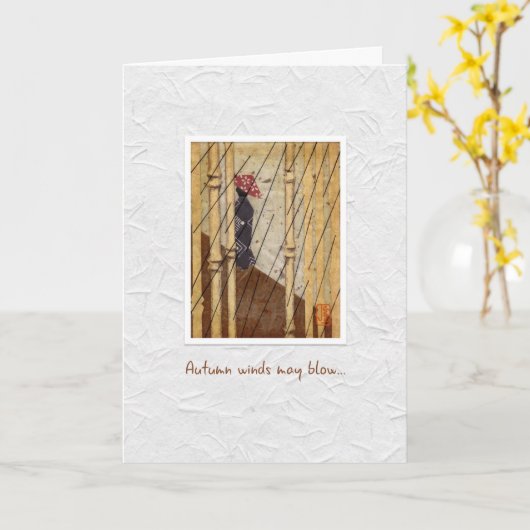 Japanse vrouw in regen "herfst winden" vriendschap kaart (Gele Bloem)