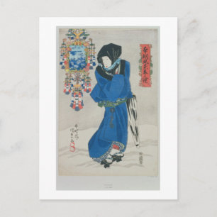 Japanse vrouw in sneeuw (kleurenhoutblokdruk briefkaart